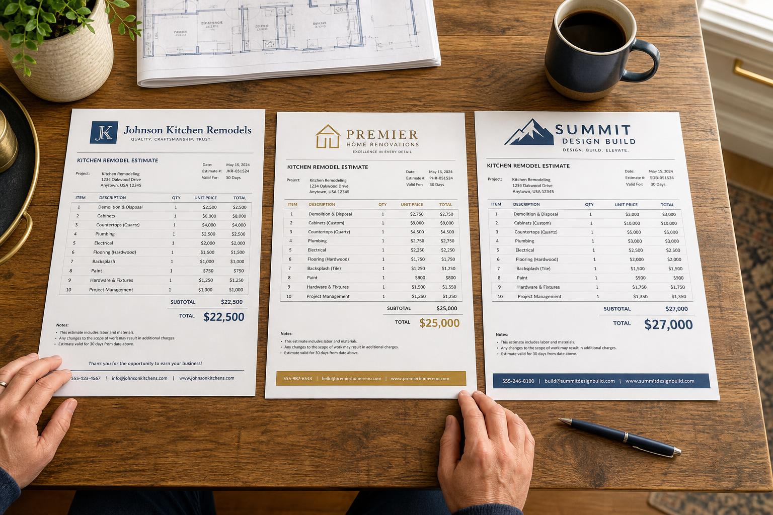 Three contractor estimates for kitchen remodeling at $22,500, $25,000, and $27,000 laid out on a kitchen table for comparison